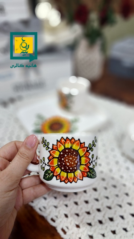سرویس چای خوری دونفره سرامیکی دست ساز طرح گل آفتابگردان / ست فنجان، قندان و سینی با بهترین قیمت | ارسال فوری