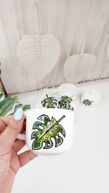 سرویس چای خوری دونفره سرامیکی دست ساز طرح گل برگ انجیری